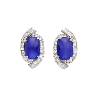 Lot 452 - Pair of Platinum, Cabochon Kashmir Sapphire and Diamond Earclips