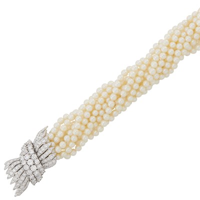 Lot 305 - Ten Strand Cultured Pearl Torsade Bracelet with Platinum and Diamond Clasp, Van Cleef & Arpels