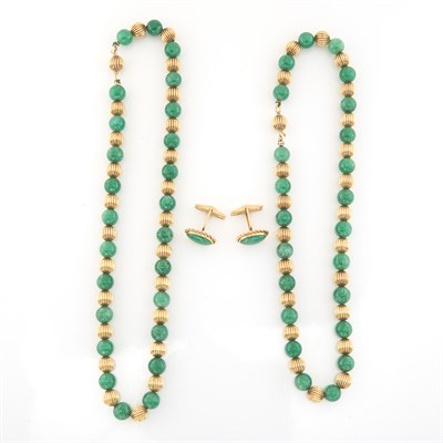 Lot 1543 - Pair of Aventurine and Gold Bead Necklaces and Pair of Gold and Jade Cufflinks