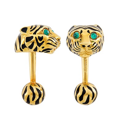 Lot 99 - Pair of Gold, Black Enamel and Emerald Tiger Head Cufflinks, David Webb