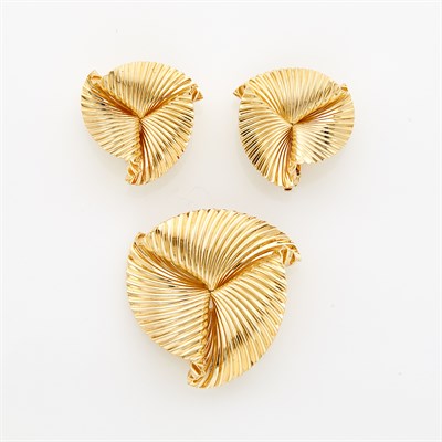 Lot 1256 - Gold Brooch and Pair of Earclips, Tiffany & Co.