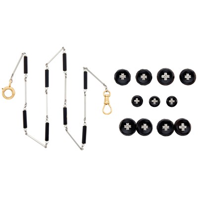 Lot 759 - Platinum, White Gold, Black Onyx, Seed Pearl and Diamond Dress Set and Fob Chain