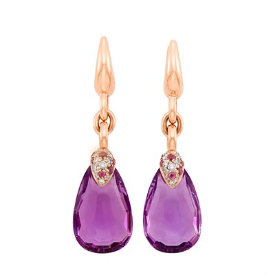 Lot 24 - Pair of Rose Gold, Amethyst, Pink Tourmaline and Diamond Pendant-Earrings, Pomellato