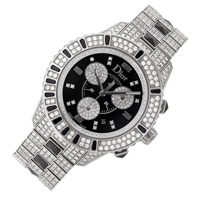 Lot 607 - Christian Dior, Stainless Steel, Diamond and Black Sapphire 'Christal' Chronograph Wristwatch