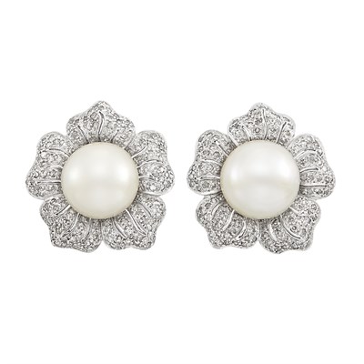 Lot 341 - Pair of White Gold, South Sea Cultured Pearl and Diamond Flower Earclips