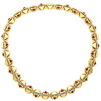 Lot 38 - Tricolor Gold, Diamond and Cabochon Ruby Necklace