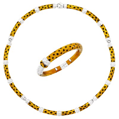 Lot 545 - White Gold and Leopard Print Enamel Necklace and Bangle Bracelet, Soho