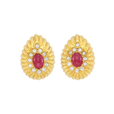 Lot 39 - Pair of Gold, Cabochon Ruby and Diamond Earrings
