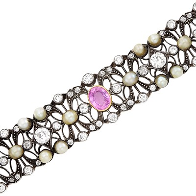Lot 108 - Silver, Gold, Pink Sapphire, Button Pearl and Diamond Bracelet