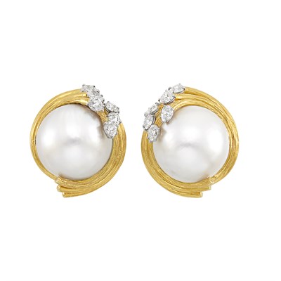 Lot 653 - Pair of Gold, Platinum, Mabé Pearl and Diamond Earclips, David Webb