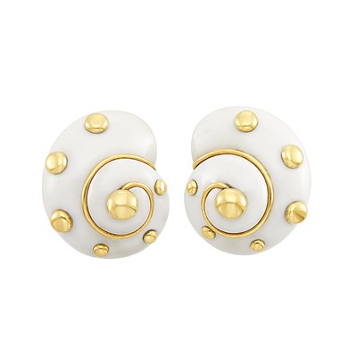 Lot 655 - Pair of Gold and White Enamel Shell Earclips, Verdura