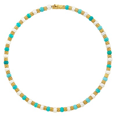 Lot 615 - Gold, Cultured Pearl and Turquoise Bead Necklace, Cartier