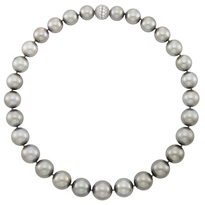 Lot 332 - Tahitian Gray Cultured Pearl Necklace with Platinum, White Gold and Diamond Ball Clasp