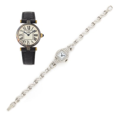 Lot 1293 - Silver-Gilt Wristwatch, Must de Cartier, and Platinum and Diamond Wristwatch