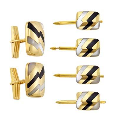 Lot 463 - Gold, Black Onyx and Mother-of-Pearl Lightning Bolt Dress Set, Attributed to Asch Grossbardt
