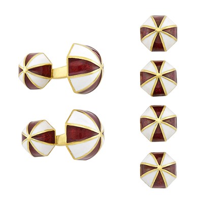 Lot 456 - Gold, Red and White Enamel Dome Dress Set, David Webb