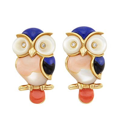 Lot 466 - Pair of Gold, Mother-of-Pearl, Hardstone and Diamond Owl Cufflinks, Asch Grossbardt