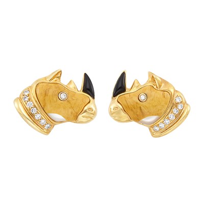 Lot 467 - Pair of Gold, Tan Agate, Mother-of-Pearl, Diamond and Black Enamel Rhino Head Cufflinks, Asch Grossbardt