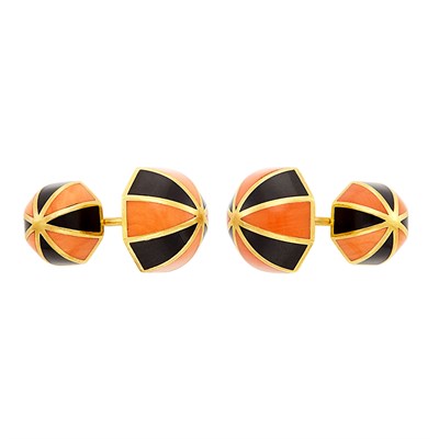 Lot 460 - Pair of Gold, Black Onyx and Coral Dome Cufflinks, Petochi