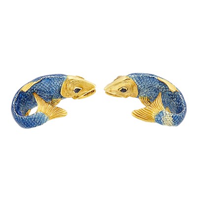Lot 457 - Pair of Gold and Enamel Fish Cufflinks, Tiffany & Co.