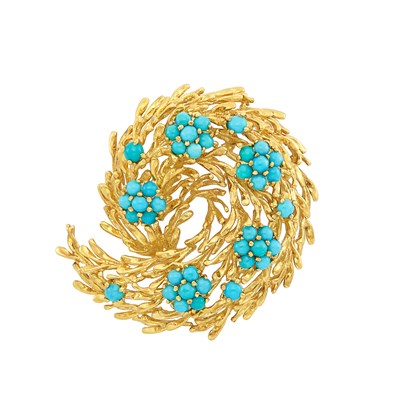 Lot 346 - Gold and Turquoise Clip-Brooch