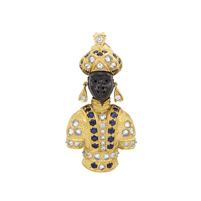 Lot 246 - Gold, Carved Ebony, Diamond, Sapphire and Fluted Coral Blackamoor Clip, Nardi