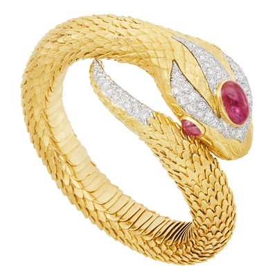 Lot 274 - Gold, Platinum, Cabochon Ruby and Diamond Serpent Bangle Bracelet, David Webb