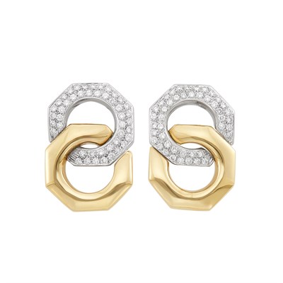 Lot 448 - Pair of Two-Color Gold and Diamond 'Royal Oak' Earrings, Audemars Piguet