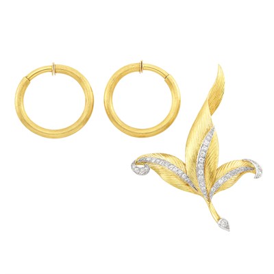 Lot 354 - Pair of Gold Hoop Earclips and Two-Color Gold and Diamond Leaf Clip-Brooch