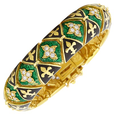 Lot 360 - Gold, Black and Green Enamel and Diamond Bombé Bracelet, La Triomphe