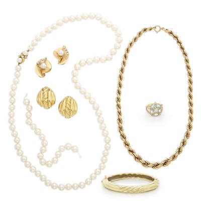 Lot 1287 - Gold Necklace, Bangle Bracelet, Two Pairs of Earclips, Gem-Set and Diamond Ring and Cultured Pearl Necklace and Strand