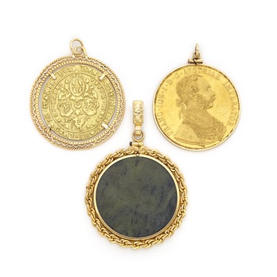 Lot 1456 - Two Gold and Gold Coin Pendants and Nephrite Pendant