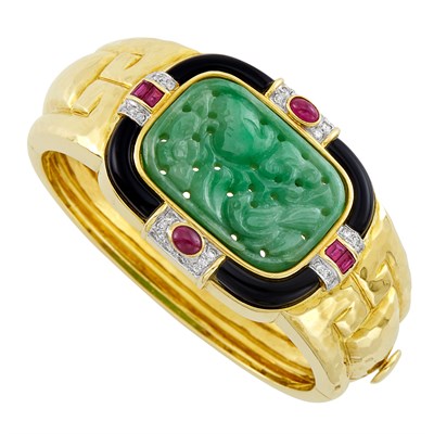 Lot 659 - Hammered Gold, Carved Jade, Black Onyx, Cabochon Ruby and Diamond Cuff Bangle Bracelet