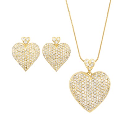 Lot 191 - Gold and Diamond Heart Pendant with Snake Chain Necklace and Pair of Earrings