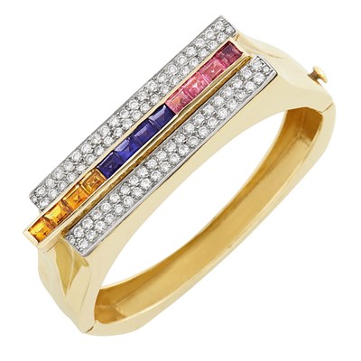 Lot 187 - Two-Color Gold, Gem-Set and Diamond Bangle Bracelet