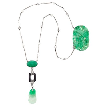 Lot 564 - Platinum, White Gold, Carved Jade, Aventurine Quartz, Black Onyx, Diamond and Pearl Pendant-Necklace
