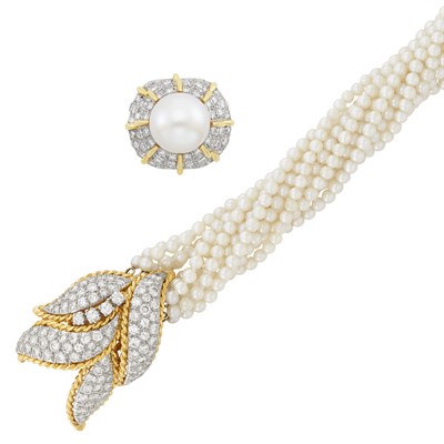 Lot 617 - Twelve Strand Cultured Pearl, Gold, Platinum and Diamond Torsade Bracelet and Cultured Pearl and Diamond Ring