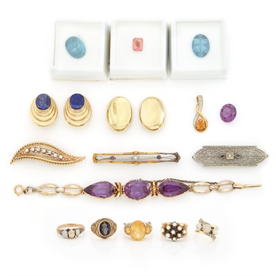 Lot 2112 - Group of Gold, Low Karat Gold, Diamond and Gem-Set Jewelry and Unmounted Stones