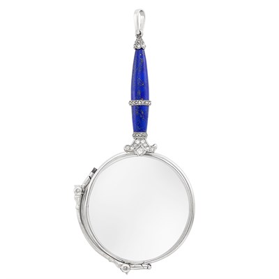 Lot 116 - Belle Époque Platinum, Lapis and Diamond Lorgnette Pendant