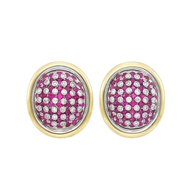Lot 434 - Pair of Two-Color Gold, Ruby and Diamond Bombé Earclips
