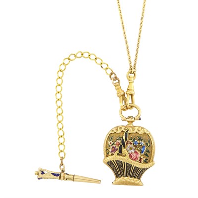 Lot 291 - Antique Gold and Double-Sided Enamel Bouquet Pendant-Watch with Long Chain Necklace and Key Fob