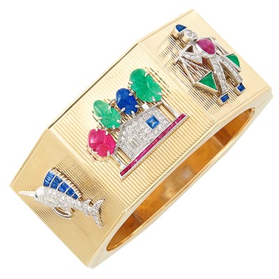 Lot 187 - Gold, Platinum, Gem-Set and Diamond Charm Cuff Bangle Bracelet