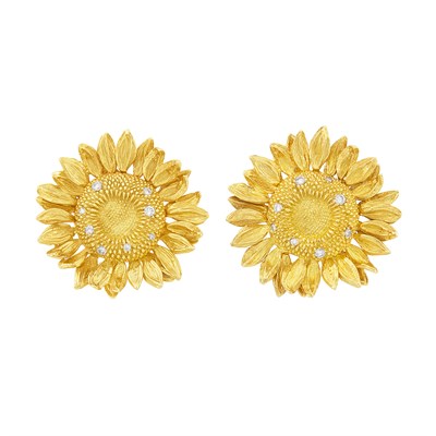 Lot 632 - Pair of Gold and Diamond Sunflower Earclips, Asprey