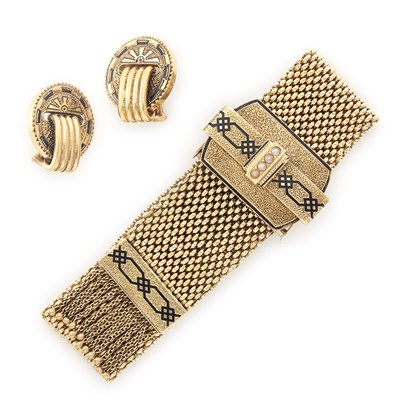 Lot 1318 - Gold, Enamel and Seed Pearl Slide Bracelet and Pair of Earrings