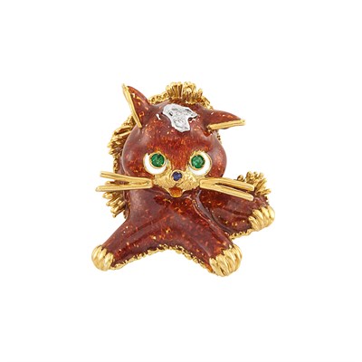 Lot 380 - Gold, Enamel, Gem-Set and Diamond Kitty Clip-Brooch, Frascarolo