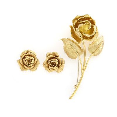 Lot 1445 - Gold Rose Brooch and Pair of Earrings