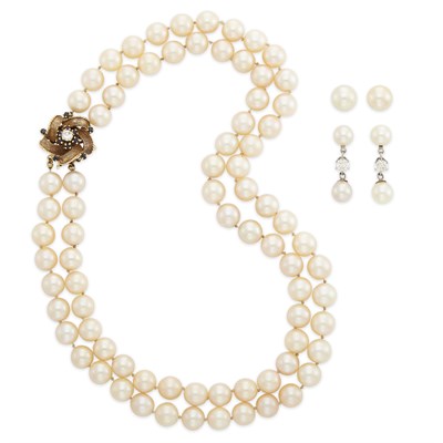 Lot 1748 - Double Strand Cultured Pearl Necklace with Gold, Sapphire and Diamond Clasp and Two Pair of Cultured Pearl and Diamond Earrings