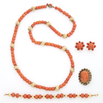 Lot 1501 - Gold, Silver and Coral Bead Necklace and Bracelet, Metal and Coral Cameo Brooch and Pair of Coral and White Coral Earrings