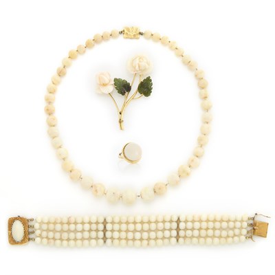Lot 1459 - White Coral Bead Necklace, Four Strand Bracelet, Ring and Flower Brooch