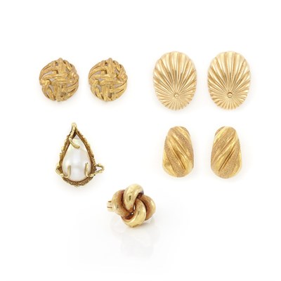 Lot 1709 - Three Pairs of Gold Earrings and Ring